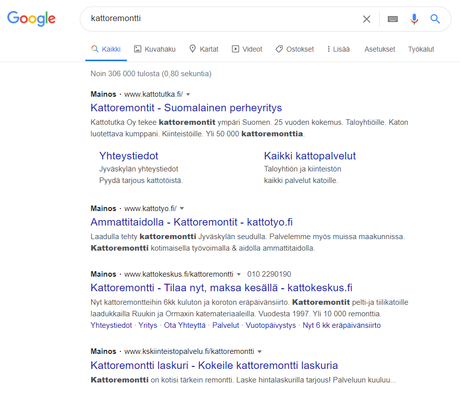 Kuvakaappaus kattoremontti-hakusanalla Googlen hakutuloksissa