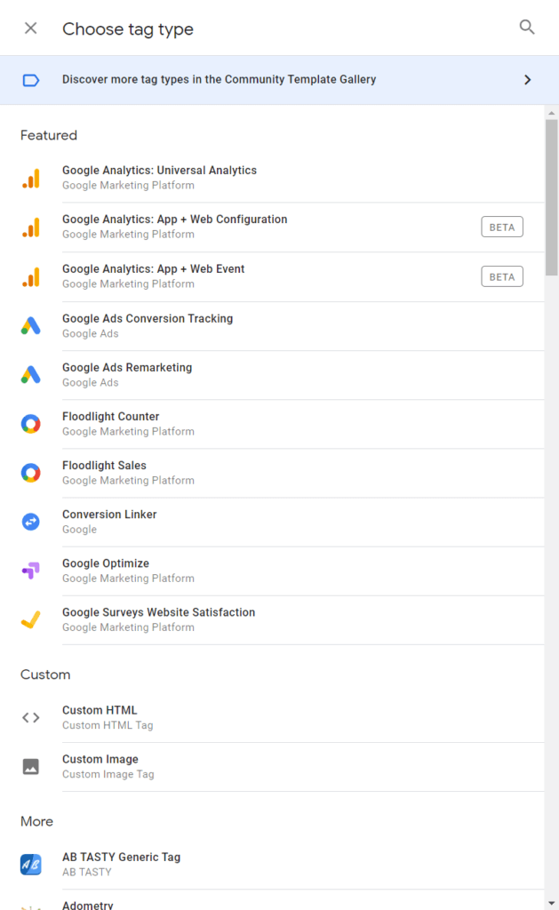 Google Tag Manager - valmiit tagityypit