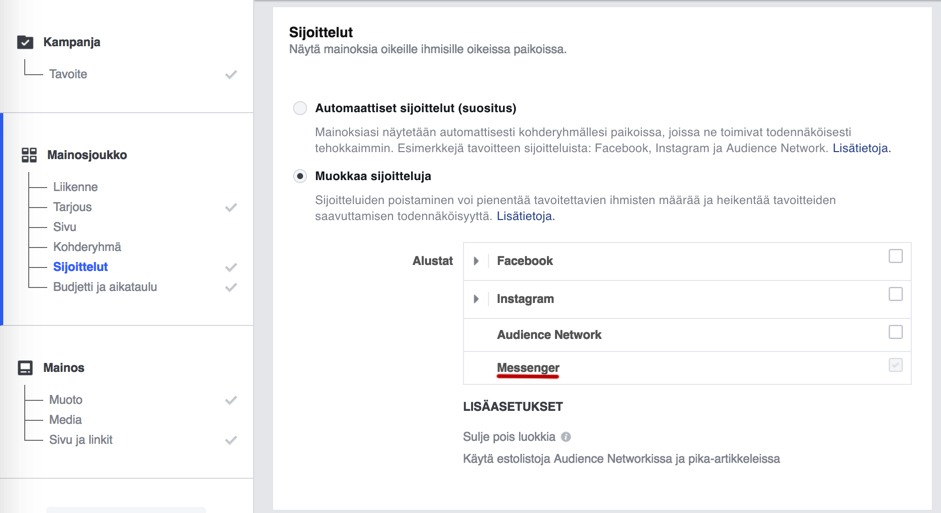 Facebook inbox -mainos sijoittelu