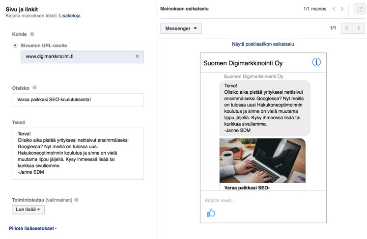 Facebook messenger mainos