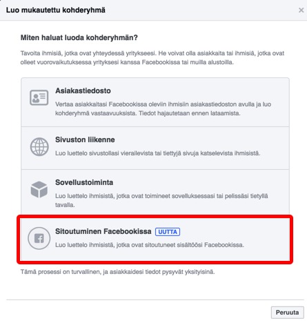 Facebook mukautetun kohderyhmän luonti