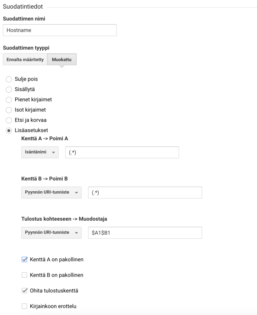 Analytics: Koontinakyman suodatin