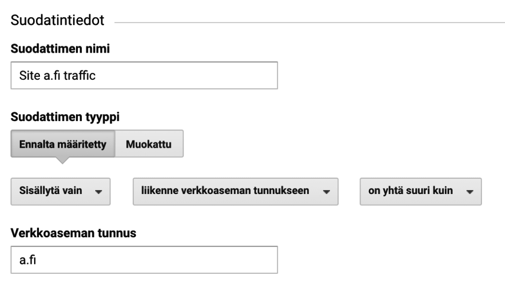 Analytics: sivustonäkymän suodatin