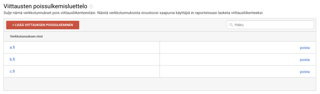 Sivuston viittausten poissulkeminen