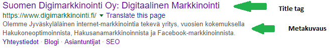 Esimerkki title tag ja metakuvaus