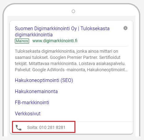 Puhelulaajennus näyttää puhelinnumeron tekstimainoksessa.