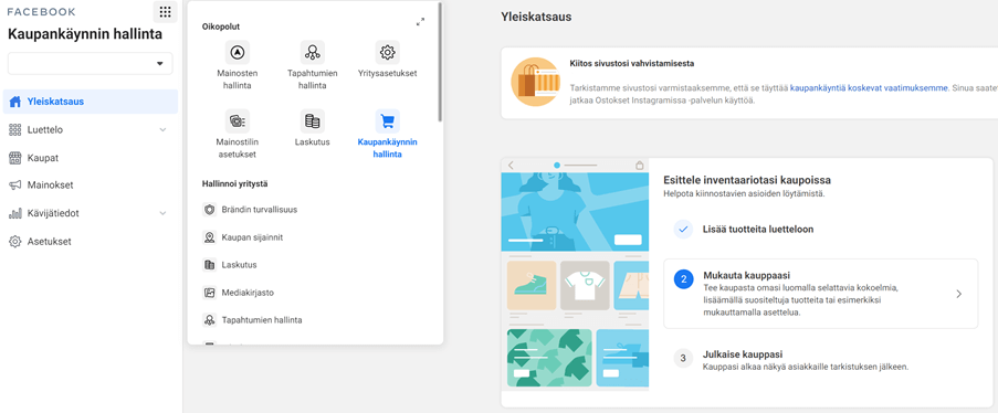 Facebook Shop (Kauppa) luodaan Facebookin Business Managerin Kaupankäynnin hallinta osiossa