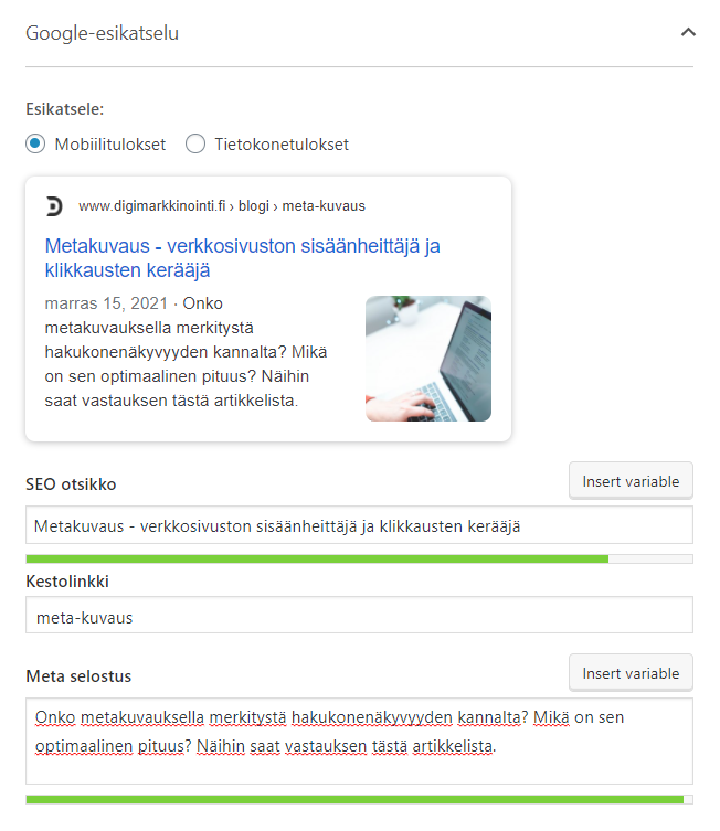 Yoast SEO metatiedot