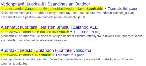 URL-osoitteet googlen hakutuloksissa