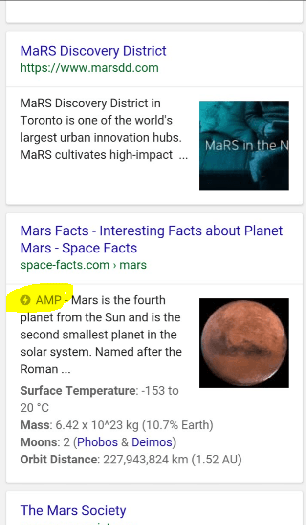 AMP-sivu googlen hakutuloksissa