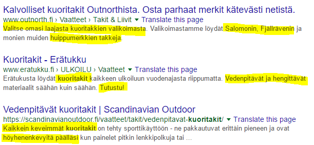 meta-kuvaukset googlen hakutuloksissa