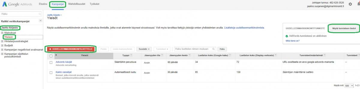 Google Adwords remarketing koodi