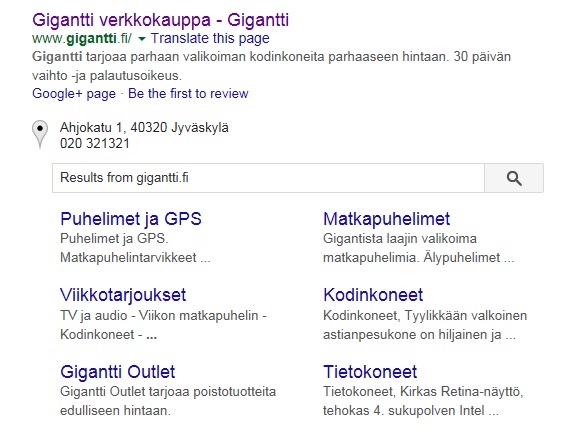 Sitesearch hakutuloksissa