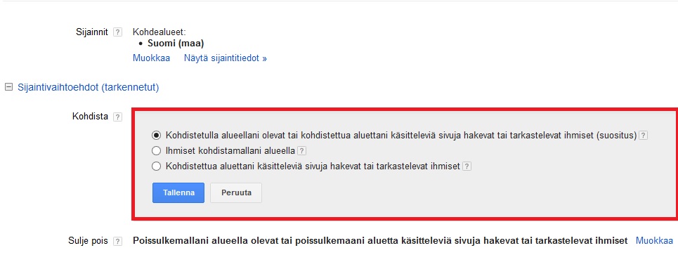 Tarkennetut sijaintivaihtoehdot