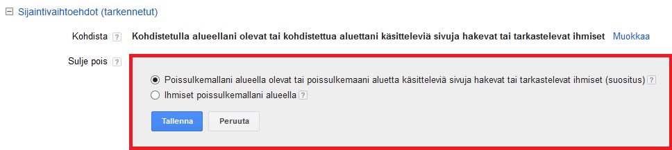 Tarkennetut sijaintivaihtoehdot pois sulkeminen